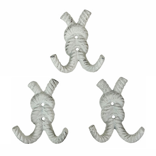 Set of 3 Rope Knot Wall Hooks, 4 Inch Antique White Cast Iron Image 1