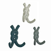 Set of 3 Rope Knot Wall Hooks, 4 Inch Green Blue White Cast Iron Image 2