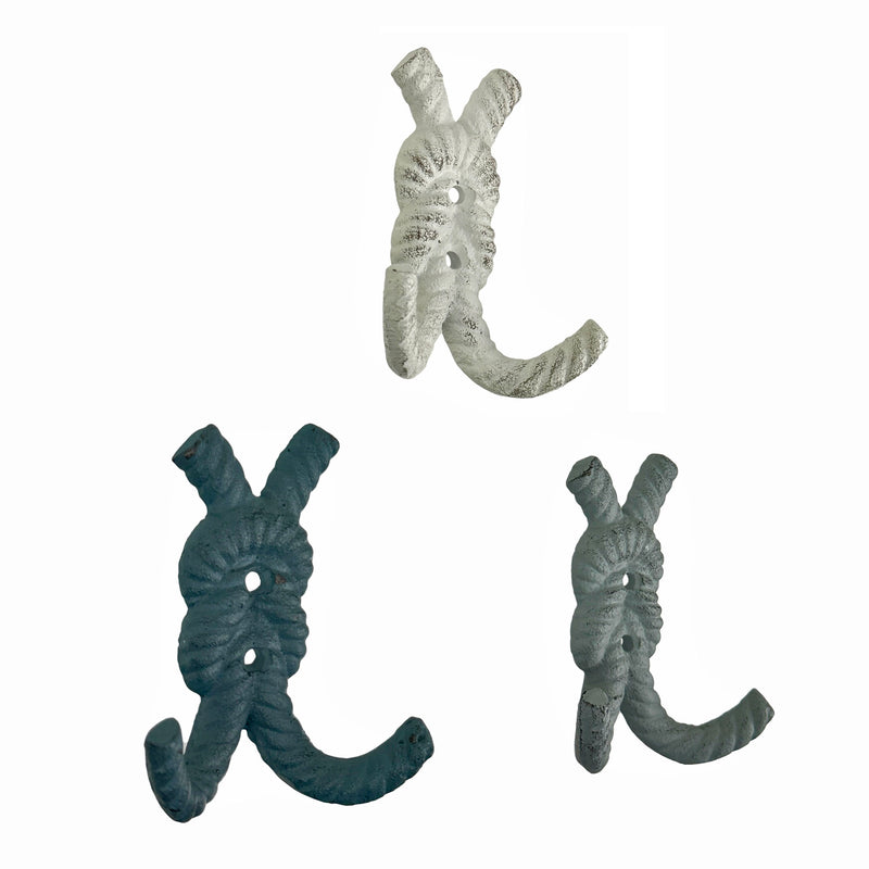 Set of 3 Rope Knot Wall Hooks, 4 Inch Green Blue White Cast Iron Image 2