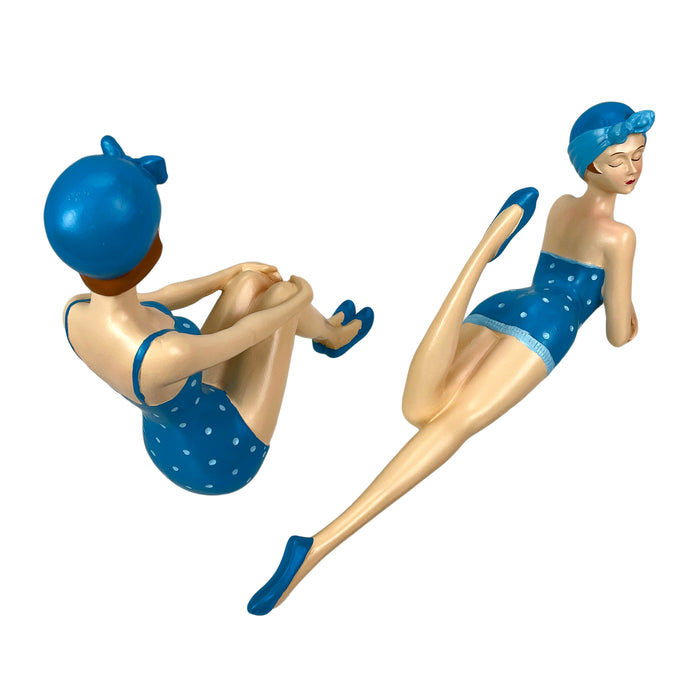 Blue - Sitting & Lounging Set - Image 3 - Set of 2 Beach Beauties Figurines, Aegean Blue Polka Dot Swimsuits, Sitting &