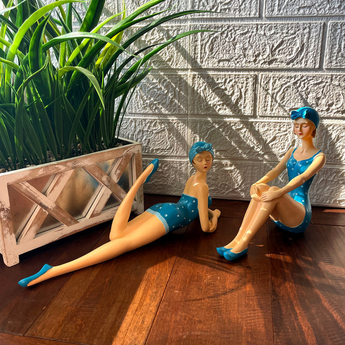 Blue - Sitting & Lounging Set - Image 4 - Set of 2 Beach Beauties Figurines, Aegean Blue Polka Dot Swimsuits, Sitting &