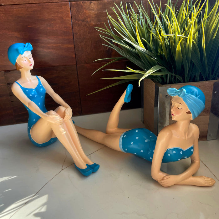 Blue - Sitting & Lounging Set - Image 5 - Set of 2 Beach Beauties Figurines, Aegean Blue Polka Dot Swimsuits, Sitting &