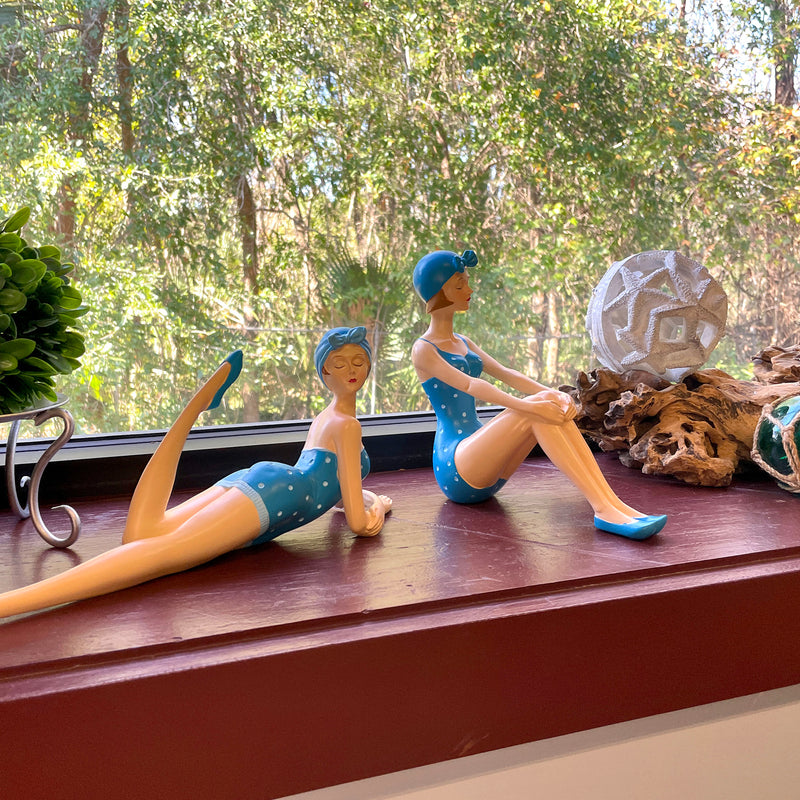 Blue - Sitting & Lounging Set - Image 6 - Set of 2 Beach Beauties Figurines, Aegean Blue Polka Dot Swimsuits, Sitting &