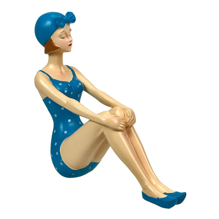 Blue - Sitting - Image 1 - Retro Beach Beauty Girl Figurine, vintage pinup statue in sunbathing sitting pose, hand painted