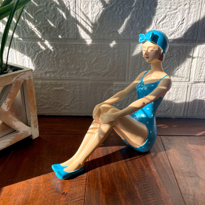 Blue - Sitting - Image 4 - Retro Beach Beauty Girl Figurine, vintage pinup statue in sunbathing sitting pose, hand painted