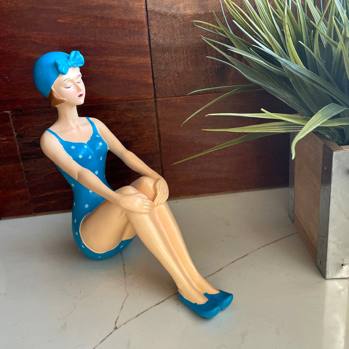 Blue - Sitting - Image 5 - Retro Beach Beauty Girl Figurine, vintage pinup statue in sunbathing sitting pose, hand painted
