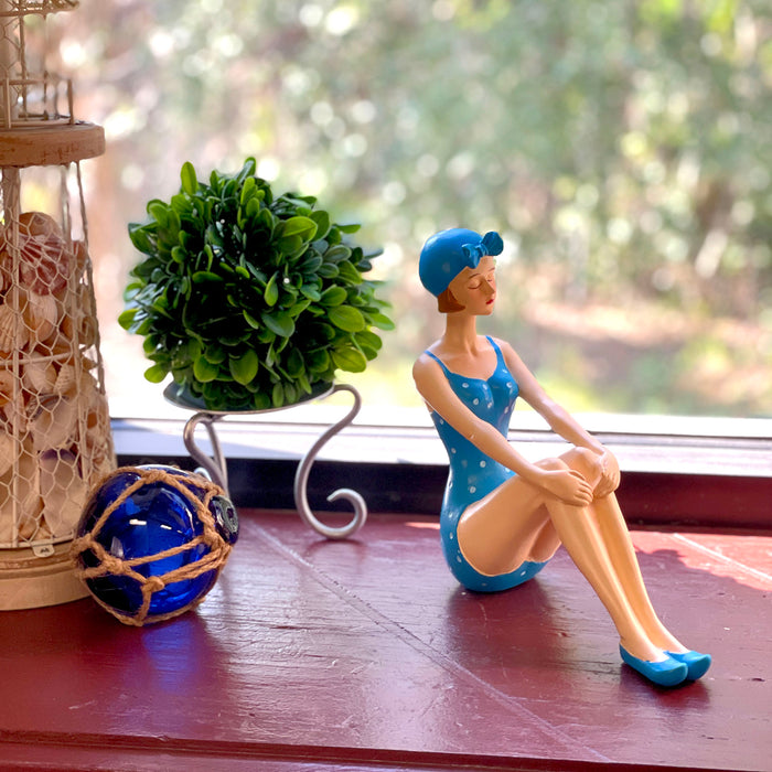 Blue - Sitting - Image 7 - Retro Beach Beauty Girl Figurine, vintage pinup statue in sunbathing sitting pose, hand painted