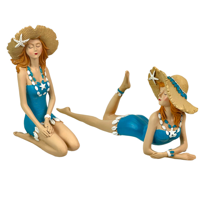 Blue - Hat Set - Image 1 - Set of 2 Beach Beauties Figurines, Aegean Blue Swimsuits with Straw Hats, Sitting and Lounging