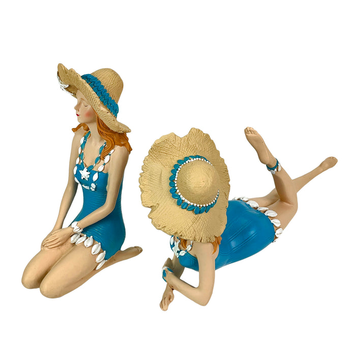 Blue - Hat Set - Image 2 - Set of 2 Beach Beauties Figurines, Aegean Blue Swimsuits with Straw Hats, Sitting and Lounging