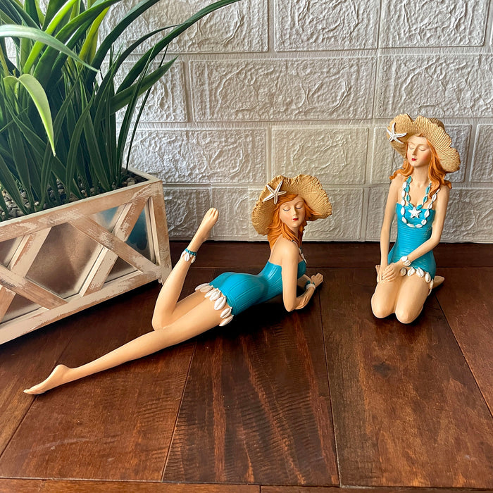 Blue - Hat Set - Image 4 - Set of 2 Beach Beauties Figurines, Aegean Blue Swimsuits with Straw Hats, Sitting and Lounging
