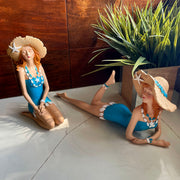 Blue - Hat Set - Image 5 - Set of 2 Beach Beauties Figurines, Aegean Blue Swimsuits with Straw Hats, Sitting and Lounging