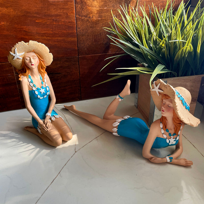Blue - Hat Set - Image 5 - Set of 2 Beach Beauties Figurines, Aegean Blue Swimsuits with Straw Hats, Sitting and Lounging