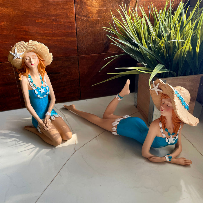 Blue - Hat Set - Image 5 - Set of 2 Beach Beauties Figurines, Aegean Blue Swimsuits with Straw Hats, Sitting and Lounging