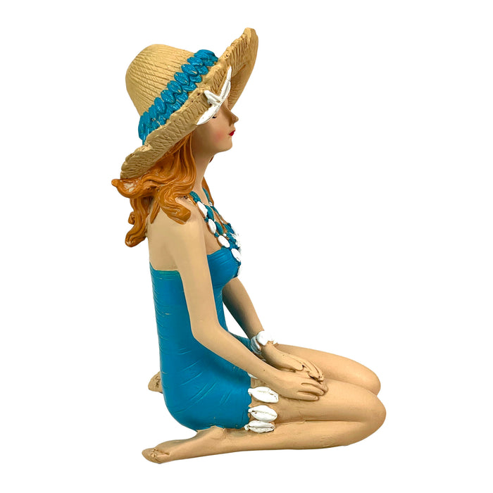 Blue - Sitting Hat - Image 2 - Sitting Beauty Beach Girl Figurine, Aegean Blue Swimsuit with Straw Sun Hat, Hand Painted