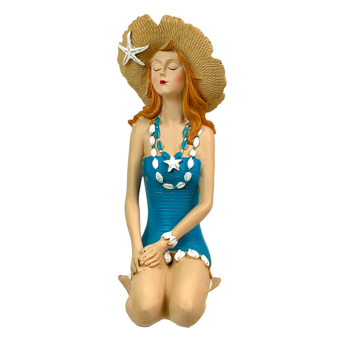 Blue - Sitting Hat - Image 3 - Sitting Beauty Beach Girl Figurine, Aegean Blue Swimsuit with Straw Sun Hat, Hand Painted