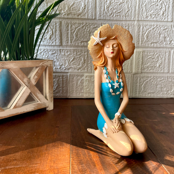 Blue - Sitting Hat - Image 4 - Sitting Beauty Beach Girl Figurine, Aegean Blue Swimsuit with Straw Sun Hat, Hand Painted