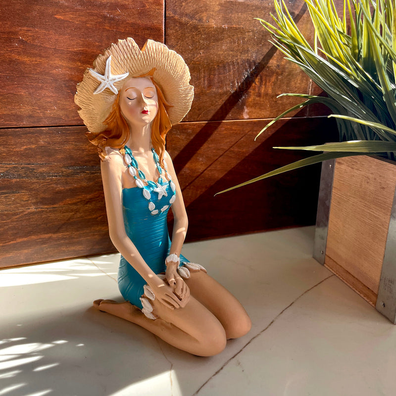 Blue - Sitting Hat - Image 5 - Sitting Beauty Beach Girl Figurine, Aegean Blue Swimsuit with Straw Sun Hat, Hand Painted