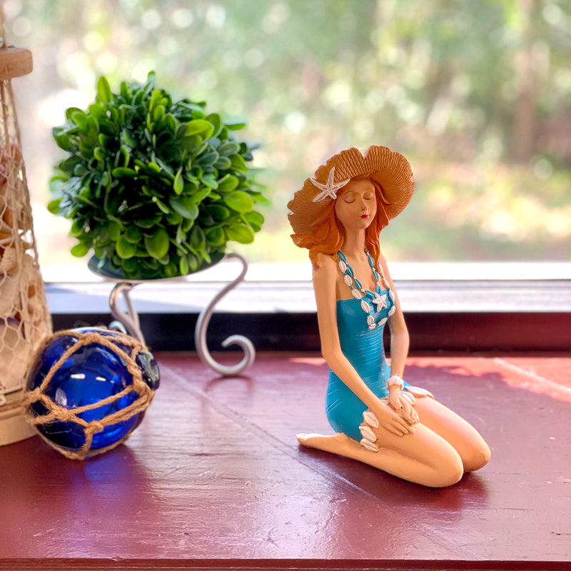Blue - Sitting Hat - Image 6 - Sitting Beauty Beach Girl Figurine, Aegean Blue Swimsuit with Straw Sun Hat, Hand Painted