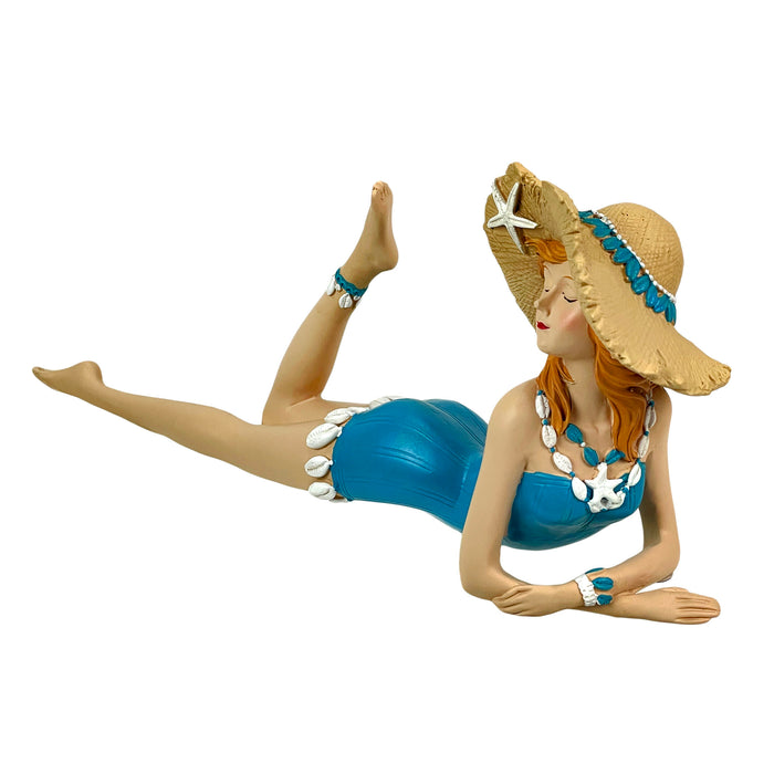 Blue - Lounging Hat - Image 1 - Lounging Beauty Beach Girl Figurine, Aegean Blue Swimsuit with Straw Hat, Hand Painted Resin