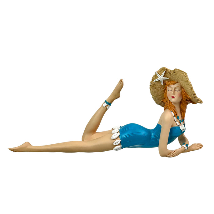 Blue - Lounging Hat - Image 2 - Lounging Beauty Beach Girl Figurine, Aegean Blue Swimsuit with Straw Hat, Hand Painted Resin