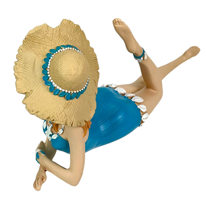 Blue - Lounging Hat - Image 3 - Lounging Beauty Beach Girl Figurine, Aegean Blue Swimsuit with Straw Hat, Hand Painted Resin