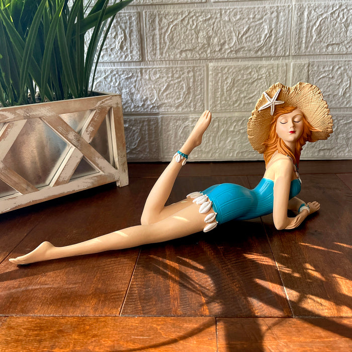 Blue - Lounging Hat - Image 4 - Lounging Beauty Beach Girl Figurine, Aegean Blue Swimsuit with Straw Hat, Hand Painted Resin