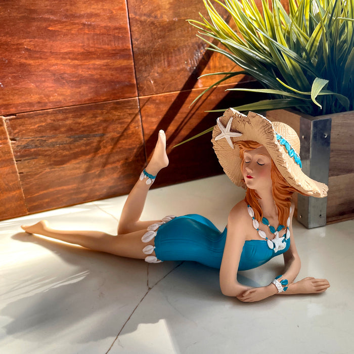 Blue - Lounging Hat - Image 5 - Lounging Beauty Beach Girl Figurine, Aegean Blue Swimsuit with Straw Hat, Hand Painted Resin