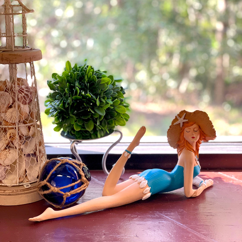 Blue - Lounging Hat - Image 6 - Lounging Beauty Beach Girl Figurine, Aegean Blue Swimsuit with Straw Hat, Hand Painted Resin