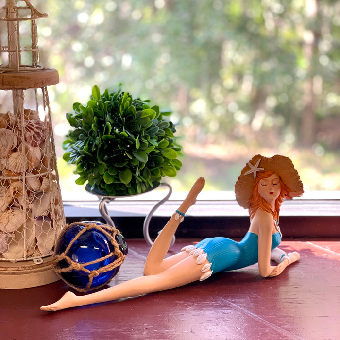 Blue - Lounging Hat - Image 6 - Lounging Beauty Beach Girl Figurine, Aegean Blue Swimsuit with Straw Hat, Hand Painted Resin