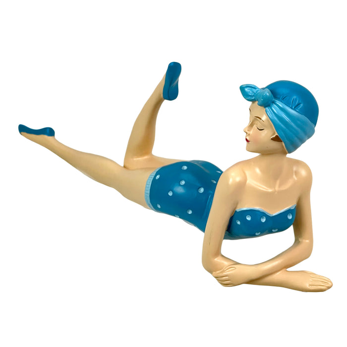 Blue - Lounging - Image 1 - Retro Beach Beauty Girl Figurine, Sunbathing Lounging Pose, Aegean Blue Polka Dot Swimsuit, Hand