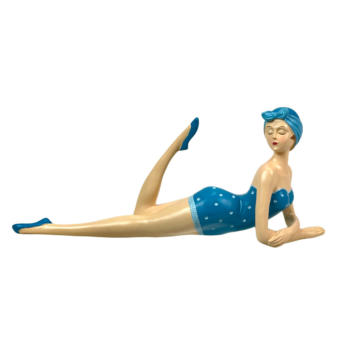 Blue - Lounging - Image 2 - Retro Beach Beauty Girl Figurine, Sunbathing Lounging Pose, Aegean Blue Polka Dot Swimsuit, Hand