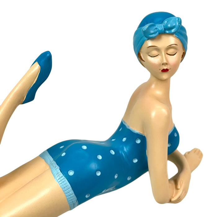 Blue - Lounging - Image 10 - Retro Beach Beauty Girl Figurine, Sunbathing Lounging Pose, Aegean Blue Polka Dot Swimsuit, Hand