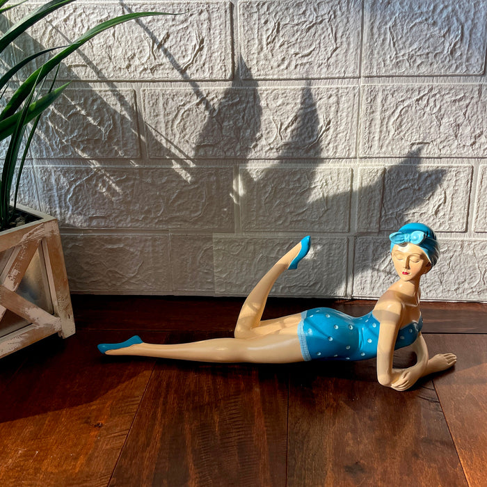 Blue - Lounging - Image 4 - Retro Beach Beauty Girl Figurine, Sunbathing Lounging Pose, Aegean Blue Polka Dot Swimsuit, Hand