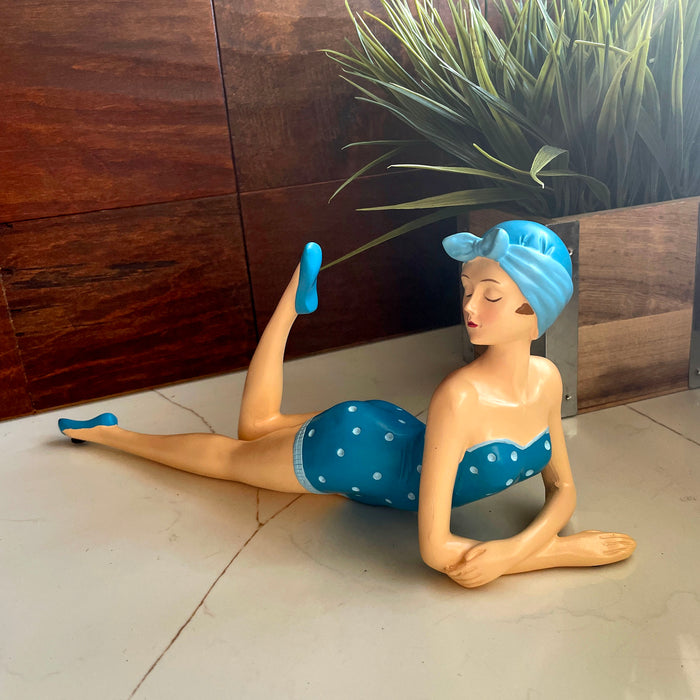Blue - Lounging - Image 5 - Retro Beach Beauty Girl Figurine, Sunbathing Lounging Pose, Aegean Blue Polka Dot Swimsuit, Hand