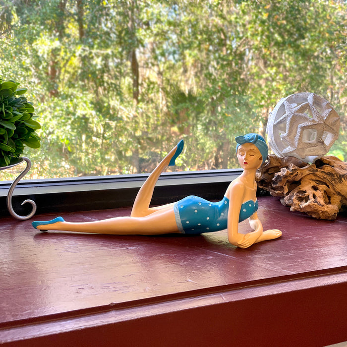 Blue - Lounging - Image 6 - Retro Beach Beauty Girl Figurine, Sunbathing Lounging Pose, Aegean Blue Polka Dot Swimsuit, Hand