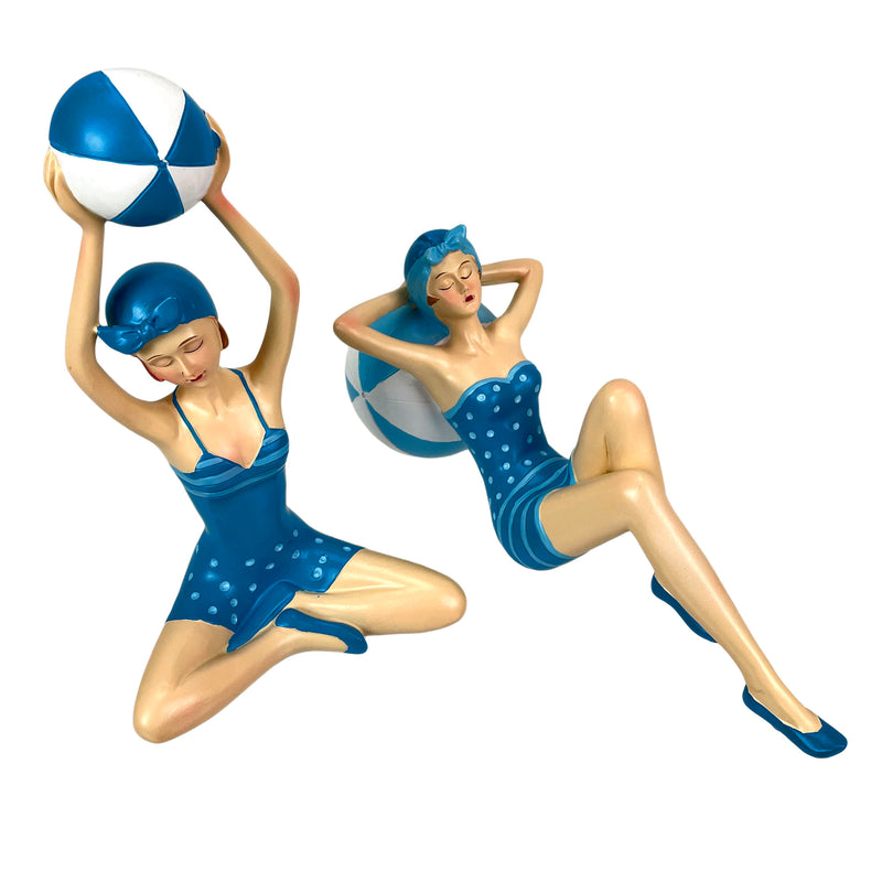 Blue - Beachball Set - Image 1 - Set of 2 Beach Beauty Figurines in Aegean Blue Polka Dot Swimsuits with Beachballs, Hand