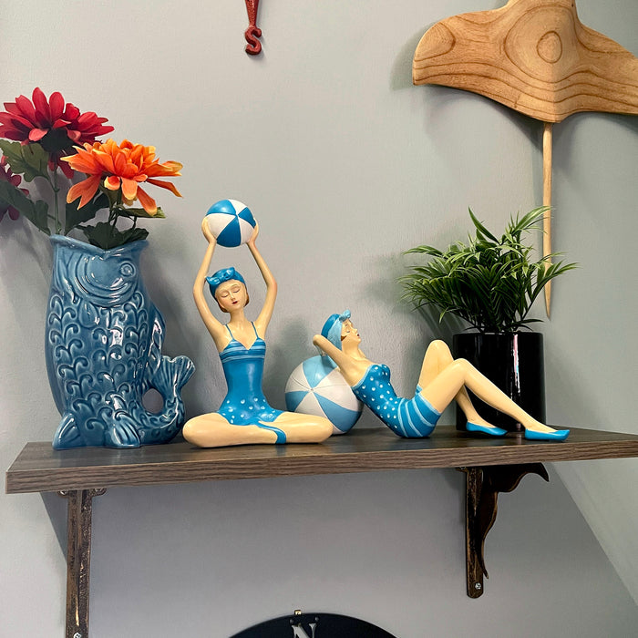 Blue - Beachball Set - Image 5 - Set of 2 Beach Beauty Figurines in Aegean Blue Polka Dot Swimsuits with Beachballs, Hand