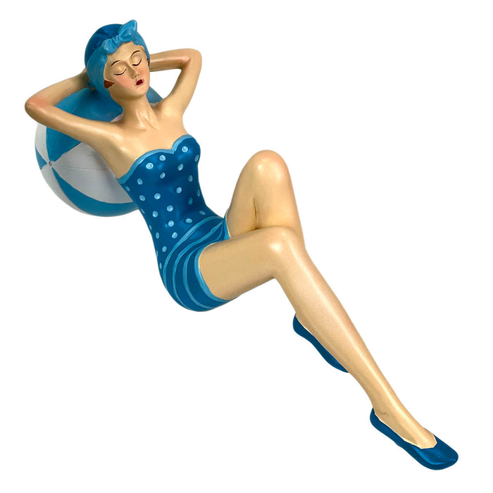 Blue - Beachball Lounging - Image 1 - Beach Beauty Sunbathing Figurine on Beachball in Aegean Blue Polka Dot Swimsuit, Hand