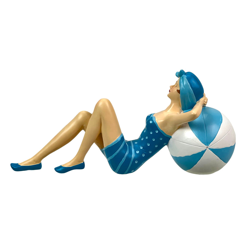 Blue - Beachball Lounging - Image 2 - Beach Beauty Sunbathing Figurine on Beachball in Aegean Blue Polka Dot Swimsuit, Hand