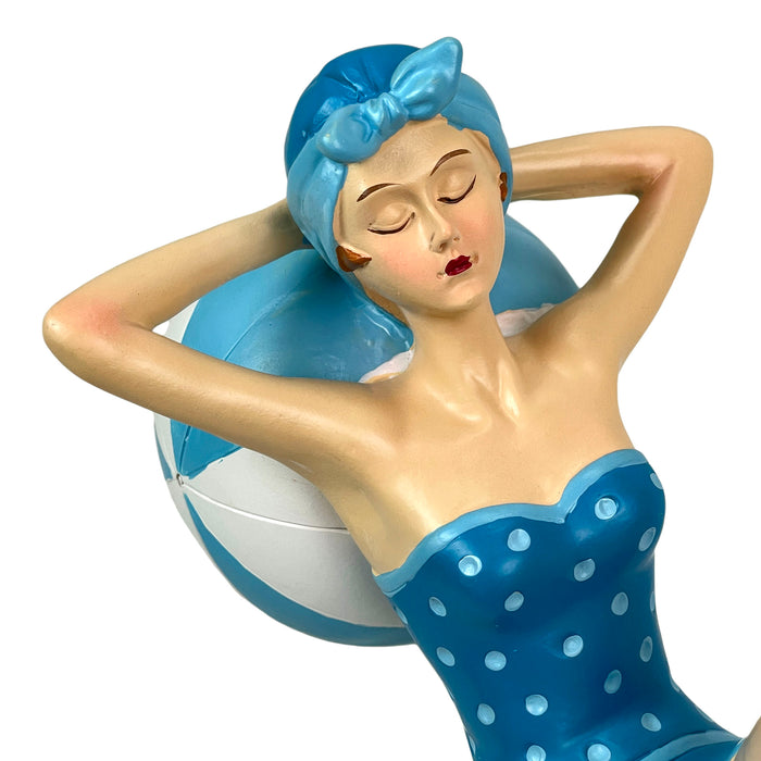 Blue - Beachball Lounging - Image 9 - Beach Beauty Sunbathing Figurine on Beachball in Aegean Blue Polka Dot Swimsuit, Hand