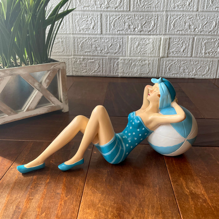 Blue - Beachball Lounging - Image 4 - Beach Beauty Sunbathing Figurine on Beachball in Aegean Blue Polka Dot Swimsuit, Hand