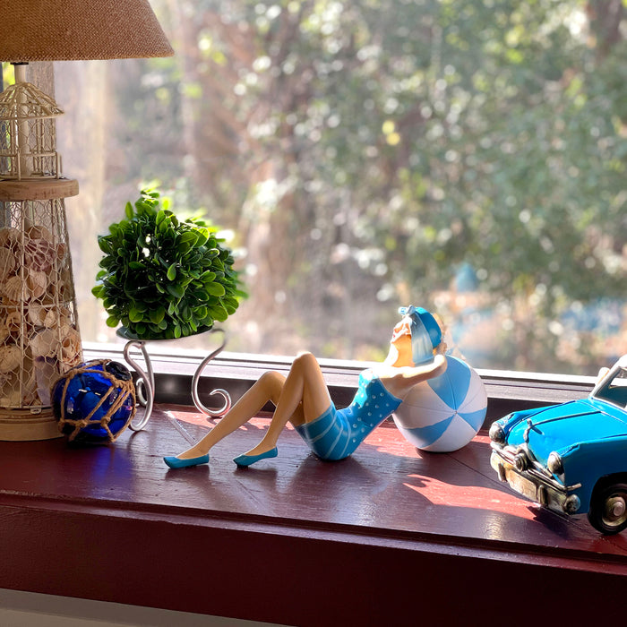 Blue - Beachball Lounging - Image 6 - Beach Beauty Sunbathing Figurine on Beachball in Aegean Blue Polka Dot Swimsuit, Hand