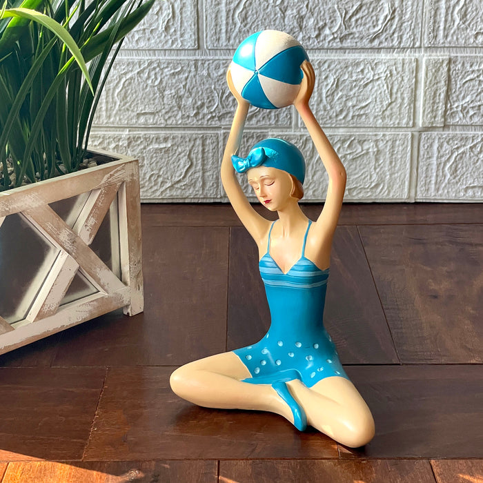 Blue - Beachball Sitting - Image 4 - Beach Beauty Girl Figurine Holding Beachball in Aegean Blue Polka Dot Swimsuit, Hand