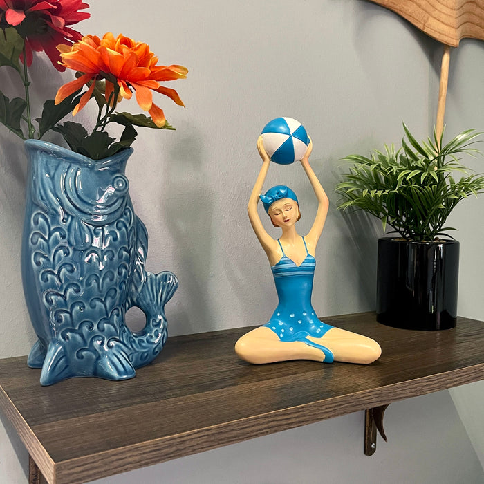 Blue - Beachball Sitting - Image 7 - Beach Beauty Girl Figurine Holding Beachball in Aegean Blue Polka Dot Swimsuit, Hand