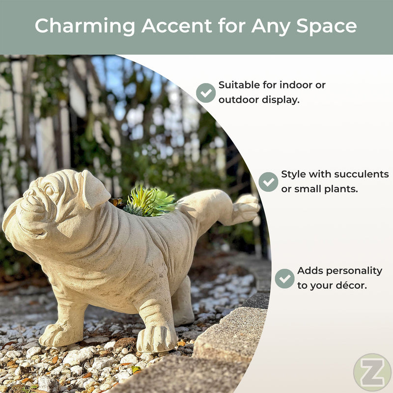 White - Image 5 - Zeckos Bulldog Planter, Antique Stone Finish Magnesium Oxide Freestanding Dog Planter, 11 Inch Tall