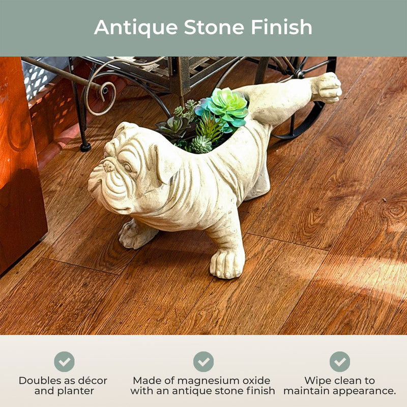 White - Image 6 - Zeckos Bulldog Planter, Antique Stone Finish Magnesium Oxide Freestanding Dog Planter, 11 Inch Tall