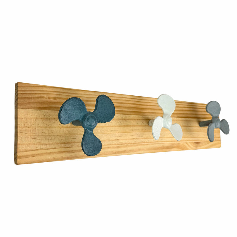 Zeckos 24 Inch Boat Propeller Wall Hooks Rack on Natural Wood Board, Nautical Multicolor Metal and Wood Wall Mounted Coat and