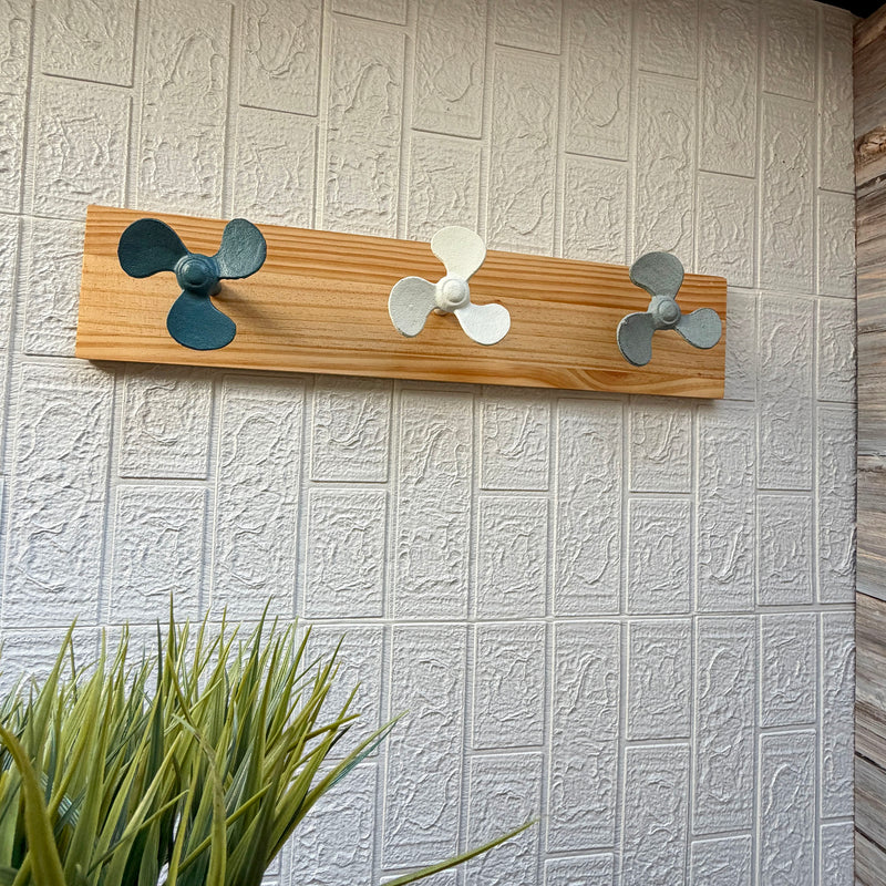 Zeckos 24 Inch Boat Propeller Wall Hooks Rack on Natural Wood Board, Nautical Multicolor Metal and Wood Wall Mounted Coat and