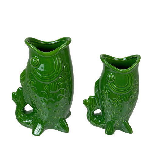 Set of 2 Green Fish Vases – Porcelain Fish-Shaped Decor, 8.5" & 7" High Image 1