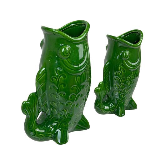 Set of 2 Green Fish Vases – Porcelain Fish-Shaped Decor, 8.5" & 7" High Image 2